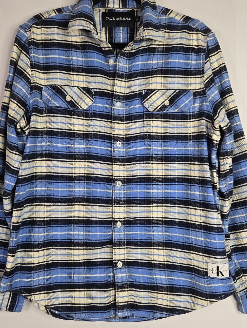 Calvin Klein Jeans Men Size M Multi-blue Button Up 100% Cotton Flannel Shirt